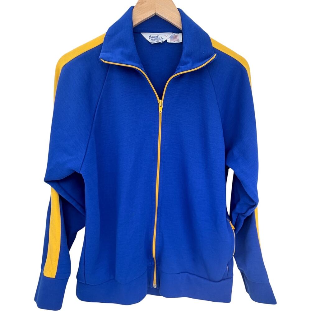 Court Casual Track Jacket Mens Large Blue Yellow Full Zip Vintage USA Made - Picture 1 of 4